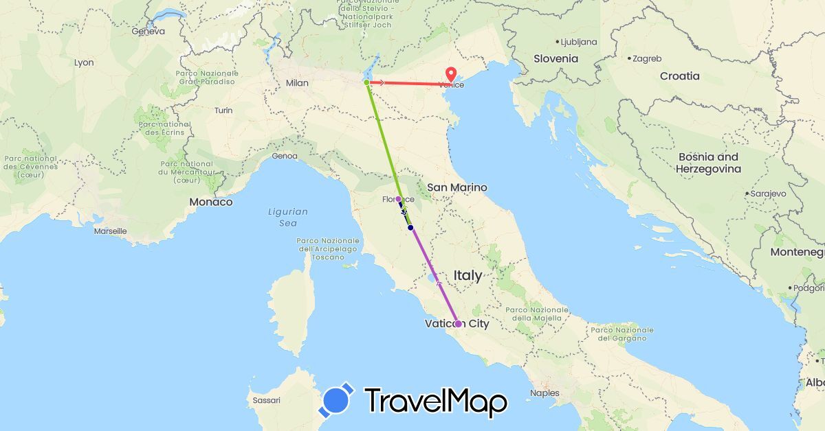 TravelMap itinerary: driving, train, hiking, electric vehicle in Italy (Europe)